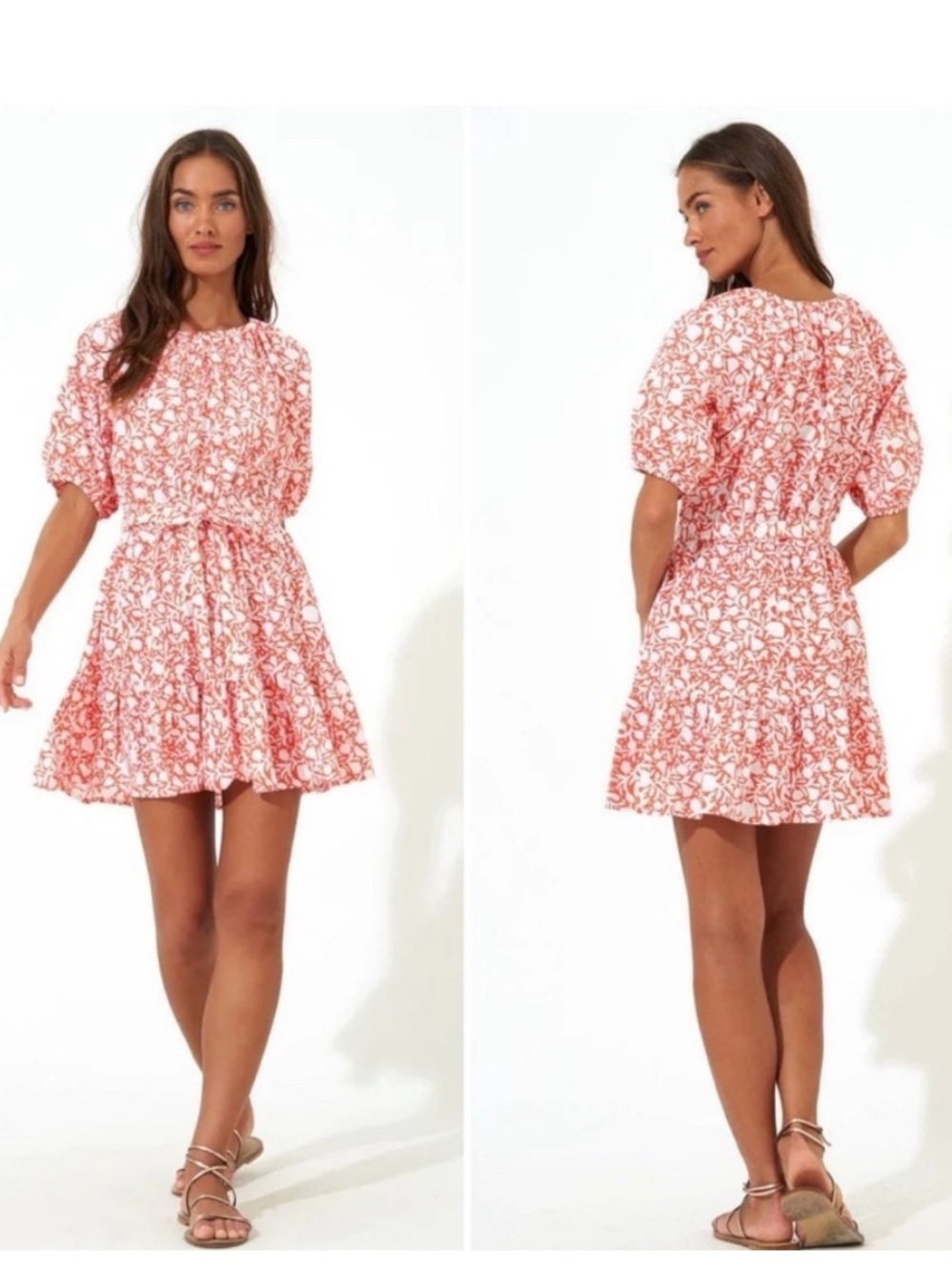 Oliphant Crew Neck Puff Sleeve Mini Dress Orange white floral Size Small